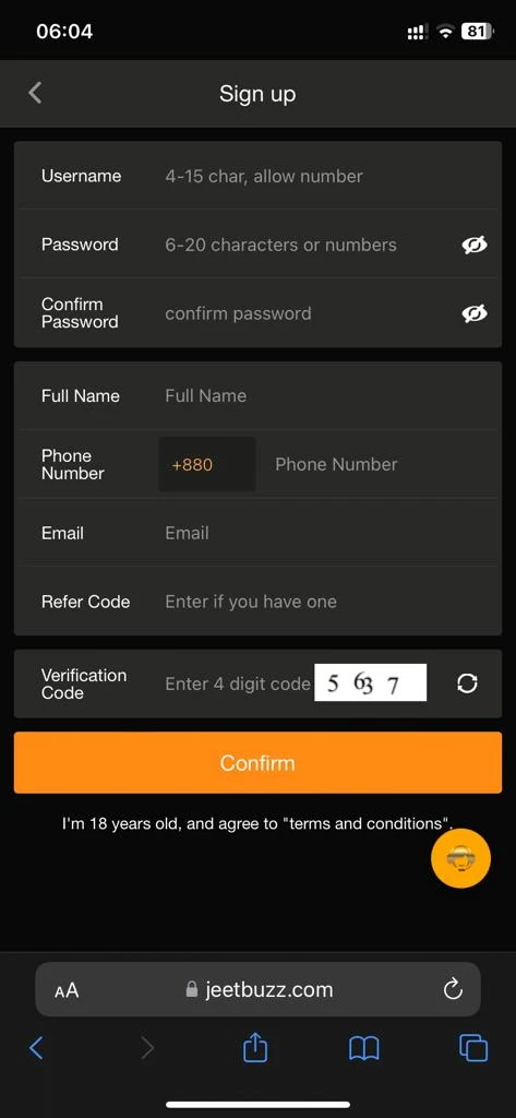 Jeetbuzz app registration page